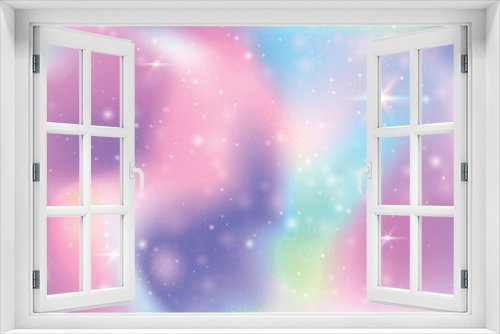 Fototapeta Naklejka Na Ścianę Okno 3D - Hologram background with rainbow mesh. Multicolor universe banner in princess colors. Fantasy gradient backdrop. Hologram magic background with fairy sparkles, stars and blurs.