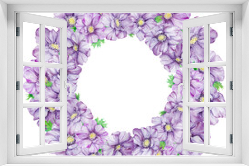 Fototapeta Naklejka Na Ścianę Okno 3D - Watercolor hand drawn wreath of purple anemones with green leaves isolated on white background.