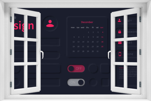 UI elements design for use in mobile app, website, software. User interface design in style neumorphism. Neomorphic ui design kit, buttons, search bars, calendar.
