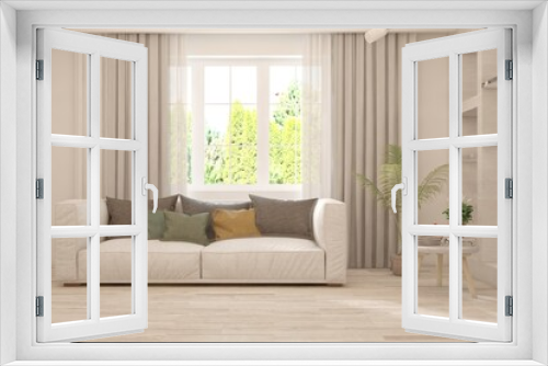 White living room with sofa and summer landscape in window. Scandinavian interior design. 3D illustration