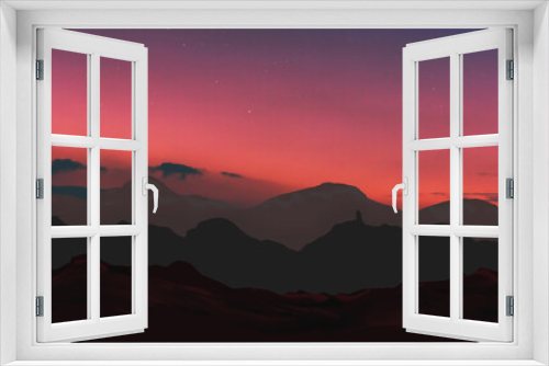 Fototapeta Naklejka Na Ścianę Okno 3D - sunset evening time mountains scene horizon view 
digital art ,type painting ,3d illustration , high definition ,  wallpaper