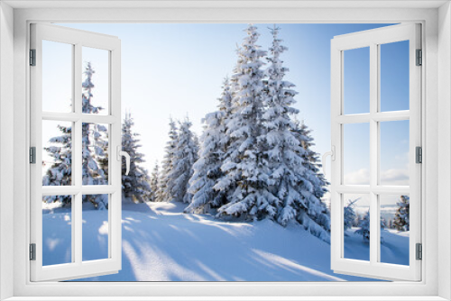 Fototapeta Naklejka Na Ścianę Okno 3D - beautiful winter landscape with snowy fir trees