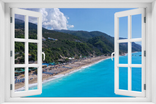 Fototapeta Naklejka Na Ścianę Okno 3D - Aerial drone photo of famous paradise bay and beach of Kathisma with deep turquoise sea in island of Lefkada, Ionian, Greece