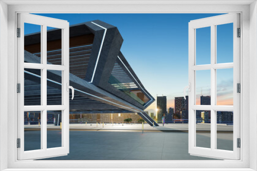 Fototapeta Naklejka Na Ścianę Okno 3D - Perspective view of empty concrete floor and modern rooftop building