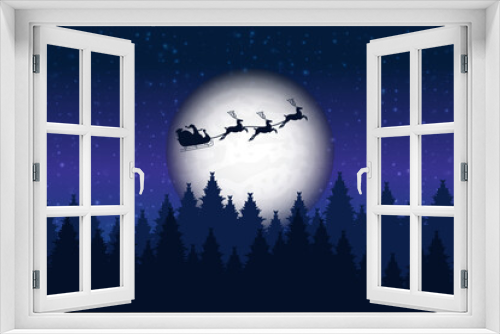 Santa is flying through the night sky under the village. Santa sleigh driving over the Moon in the night. Eps 10. Christmas Background.