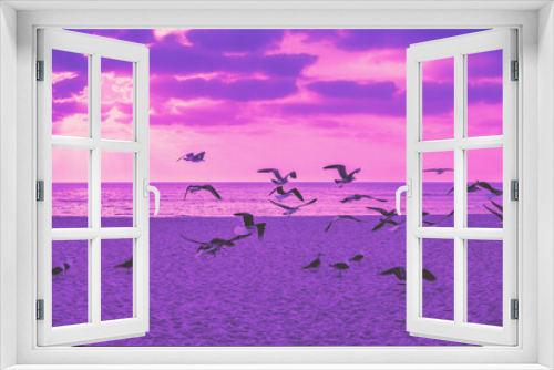 Fototapeta Naklejka Na Ścianę Okno 3D - Seascape with seagulls on a sandy beach during a purple sunset