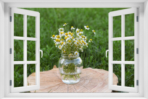 Fototapeta Naklejka Na Ścianę Okno 3D - Beautiful bouquet of chamomiles in jar on stump outdoors