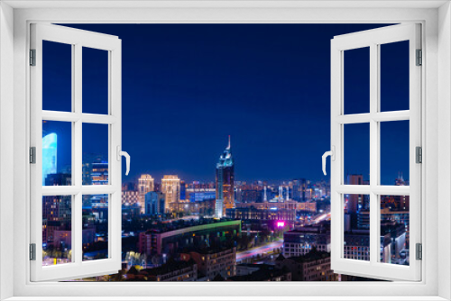 Fototapeta Naklejka Na Ścianę Okno 3D - Night city panorama Nur-Sultan Kazakhstan Astana, Aerial view