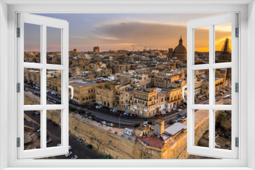 Fototapeta Naklejka Na Ścianę Okno 3D - Valletta,Malta cityscape of old town at sunset, aerial drone view