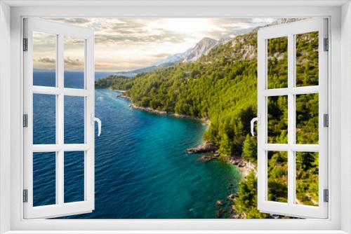 Fototapeta Naklejka Na Ścianę Okno 3D - Croatia. Aerial view on beach and people. Vacation and relax. Beach and blue water. Top view from drone at beach and azure sea. Travel and holiday