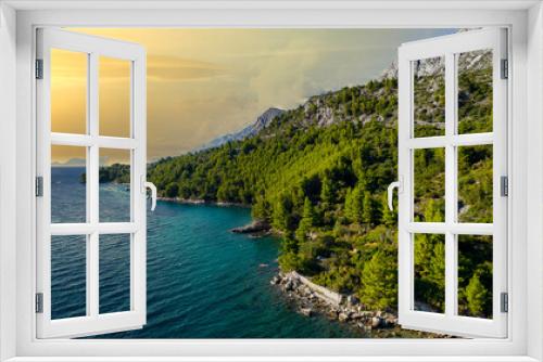 Fototapeta Naklejka Na Ścianę Okno 3D - Croatia. Aerial view on beach and people. Vacation and relax. Beach and blue water. Top view from drone at beach and azure sea. Travel and holiday