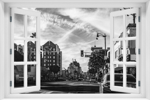 Fototapeta Naklejka Na Ścianę Okno 3D - Hollywood Boulevard street landscape in Los Angeles, California, USA, black and white retro-style photo