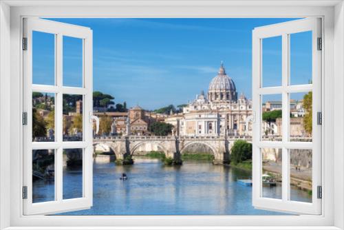 Fototapeta Naklejka Na Ścianę Okno 3D - Rome landscape. Tiber River in Rome and St Peter Basilica in Vatican at sunny day, Rome Italy.	