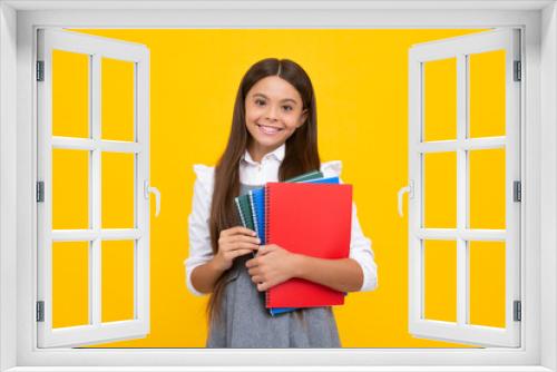 Teenager school girl study with books. Learning knowledge and kids education concept. Happy schoolgirl face, positive and smiling emotions.