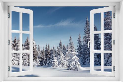 Fototapeta Naklejka Na Ścianę Okno 3D - Winter forest. Amazing nature landscape. Wonderful wintry scenery. Snow covered fir trees during sunrise. Nature background