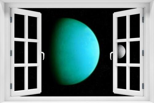 Fototapeta Naklejka Na Ścianę Okno 3D - Beautiful exoplanet with the moon on a black background. Bright rocky planet with satellite in space.