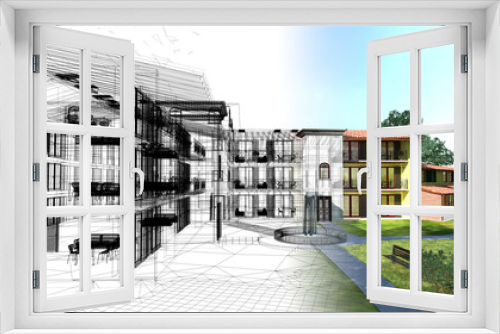 Fototapeta Naklejka Na Ścianę Okno 3D - Rendering progetto, esterni, condominio, Appartamento,3d