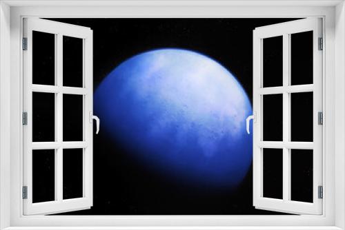 Fototapeta Naklejka Na Ścianę Okno 3D - Exoplanet with atmosphere, cosmic landscape. Beautiful rocky planet in deep space. Alien planet in blue colors.