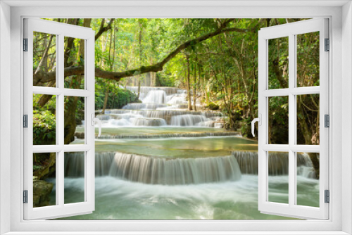 Fototapeta Naklejka Na Ścianę Okno 3D - Erawan Waterfall. Nature landscape of Kanchanaburi district in natural area. it is located in Thailand for travel trip on holiday and vacation background, tourist attraction.