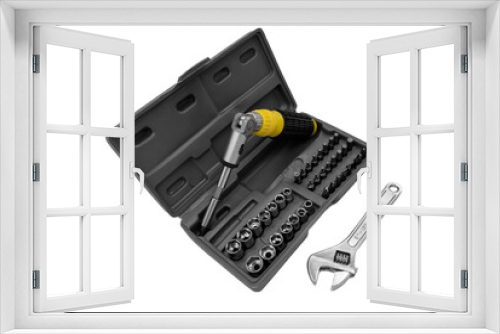 small set of tools in a case with a screwdriver with removable bits and a ratchet wrench