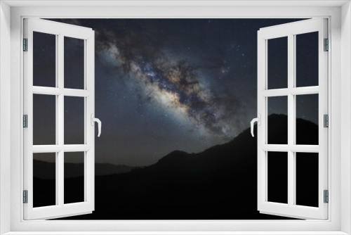 Fototapeta Naklejka Na Ścianę Okno 3D - panorama mountain silhouette and blue night sky milky way and star on dark background. universe called,nebula and galaxy with noise and grain. Cassiopeia is a constellation in the northern sky. 
