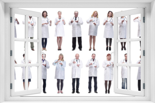 group of doctors holding jar isolated on white