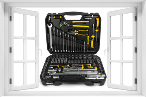 Toolbox, tools kit case detail close up  instruments. set of yellow tools car tool kit tool set background  instruments for repair
