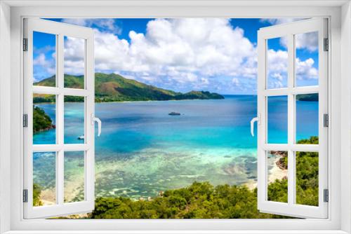 Fototapeta Naklejka Na Ścianę Okno 3D - Praslin Seychelles tropical island with withe beaches and palm trees. Aerial view of tropical paradise bay with granite stones and turquoise crystal clear waters of Indian Ocean