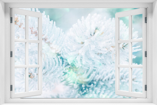 Fototapeta Naklejka Na Ścianę Okno 3D - Winter Christmas snowy fir tree background. Snow pine tree branches with bokeh. Winter or Christmas web panoramic banner with copy space.
