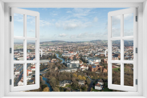 Fototapeta Naklejka Na Ścianę Okno 3D - Luftaufnahme Stadt Herford von oben Werre / Fluss schlängelt sich durch Stadt Brücke