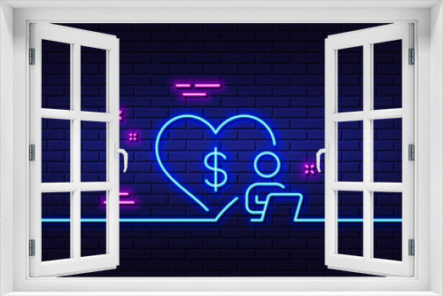 Neon light glow effect. Volunteer care line icon. Online charity sign. Donation service symbol. 3d line neon glow icon. Brick wall banner. Volunteer outline. Vector