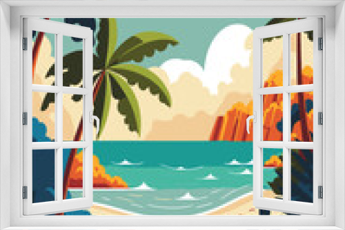 Fototapeta Naklejka Na Ścianę Okno 3D - tropical summer beach ocean sunset and sunrise view cartoon vector illustration