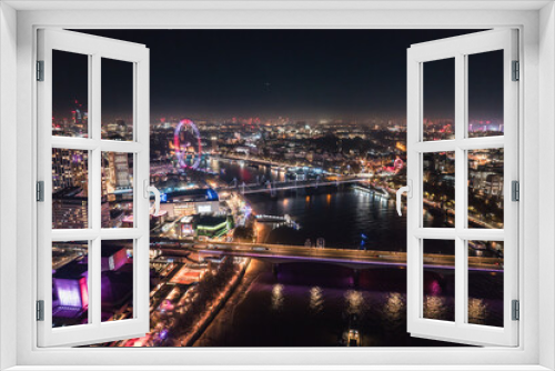 Fototapeta Naklejka Na Ścianę Okno 3D - Epic night aerial view of the London, River Thames, London Eye, Westminster. Panorama cityscape