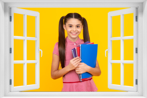 Back to school. Portrait of teenage school girl with books. Children school and education concept. Schoolgirl student. Happy teenager, positive and smiling emotions of teen girl.