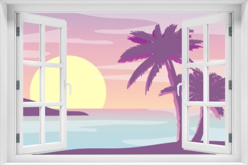 Fototapeta Naklejka Na Ścianę Okno 3D - Cartoon flat panoramic landscape, sunset with the palms on colourful background. Vector illustration.