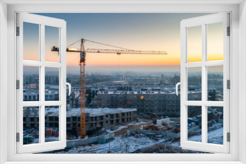 Winter scenery of Pruszcz Gdanski at sunrise with newly built flats. Poland