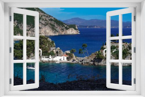 Fototapeta Naklejka Na Ścianę Okno 3D - İslet of Virgin Maria in Parga, Preveze, Greece, beautiful seascape and landscape view, blue sea, horizon, mountains
