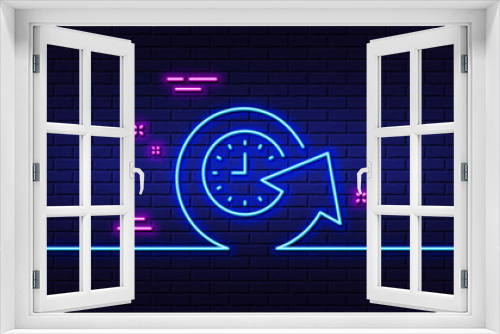 Neon light glow effect. Update time line icon. Refresh watch sign. 3d line neon glow icon. Brick wall banner. Update time outline. Vector