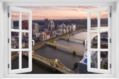 Fototapeta Naklejka Na Ścianę Okno 3D - Aerial view of Pittsburgh, Pennsylvania. Business district and river in background. Three Bridges in Background