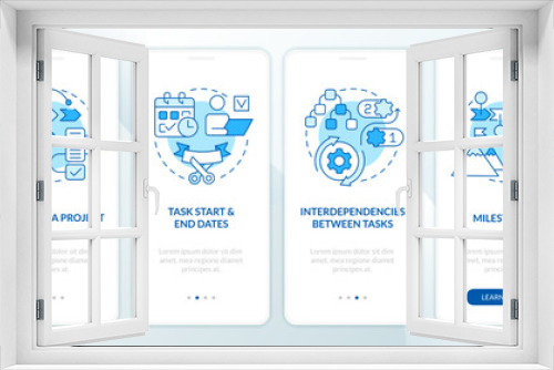 Project plan parts blue onboarding mobile app screen. Task management walkthrough 4 steps editable graphic instructions with linear concepts. UI, UX, GUI template. Myriad Pro-Bold, Regular fonts used