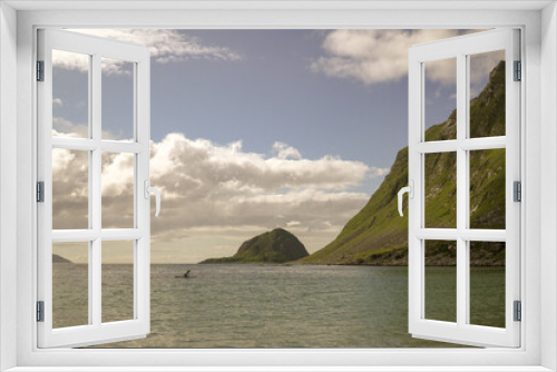 Fototapeta Naklejka Na Ścianę Okno 3D - norway, lofoten, rocks, water, norwegian sea, swimming on the board