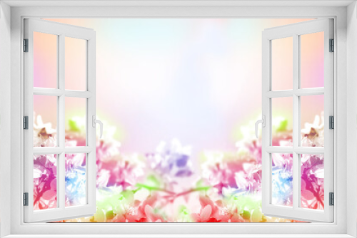 Fototapeta Naklejka Na Ścianę Okno 3D - Wide banner with colorful cherry blossoms, pastel coloring, spring sunny day. Springtime atmospheric mood. Copy space
