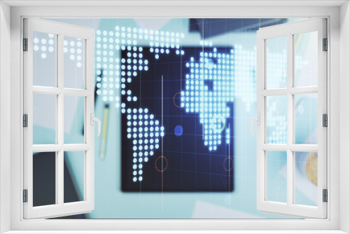 Double exposure of abstract digital world map and modern digital tablet on background, big data and blockchain concept