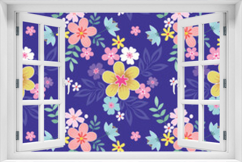 Fototapeta Naklejka Na Ścianę Okno 3D - Beautiful blooming flowers on purple color background seamless pattern. Can be used for fabric textile wallpaper.