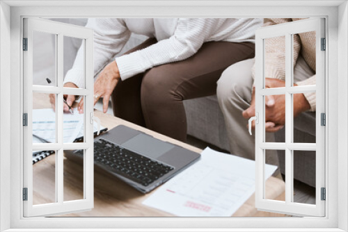 Fototapeta Naklejka Na Ścianę Okno 3D - Laptop, budget and senior couple in living room for retirement research, investment planning or asset management. Elderly people hands, writing finance data for loan, mortgage and financial documents