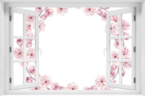 Fototapeta Naklejka Na Ścianę Okno 3D - Watercolor Cherry Frame . Sakura Blossom Wedding Wreath.