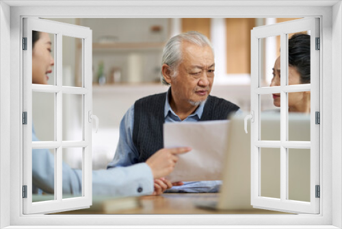 senior asian couple appears to be unconvinced and confused while listening to a saleswoman