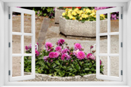 Fototapeta Naklejka Na Ścianę Okno 3D - Blumenkübel aus Stein mit Sommerblumen, Deutschland