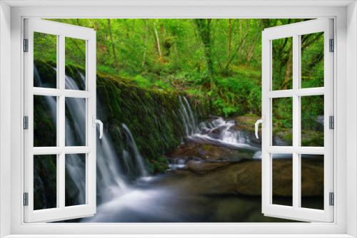 Fototapeta Naklejka Na Ścianę Okno 3D - Water seeps through the mossy stones of an old dam