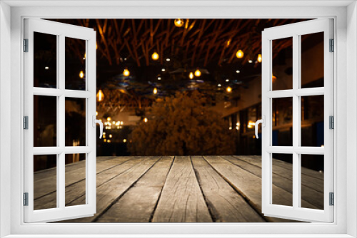 Fototapeta Naklejka Na Ścianę Okno 3D - wooden table on cafe bokeh blurred background
